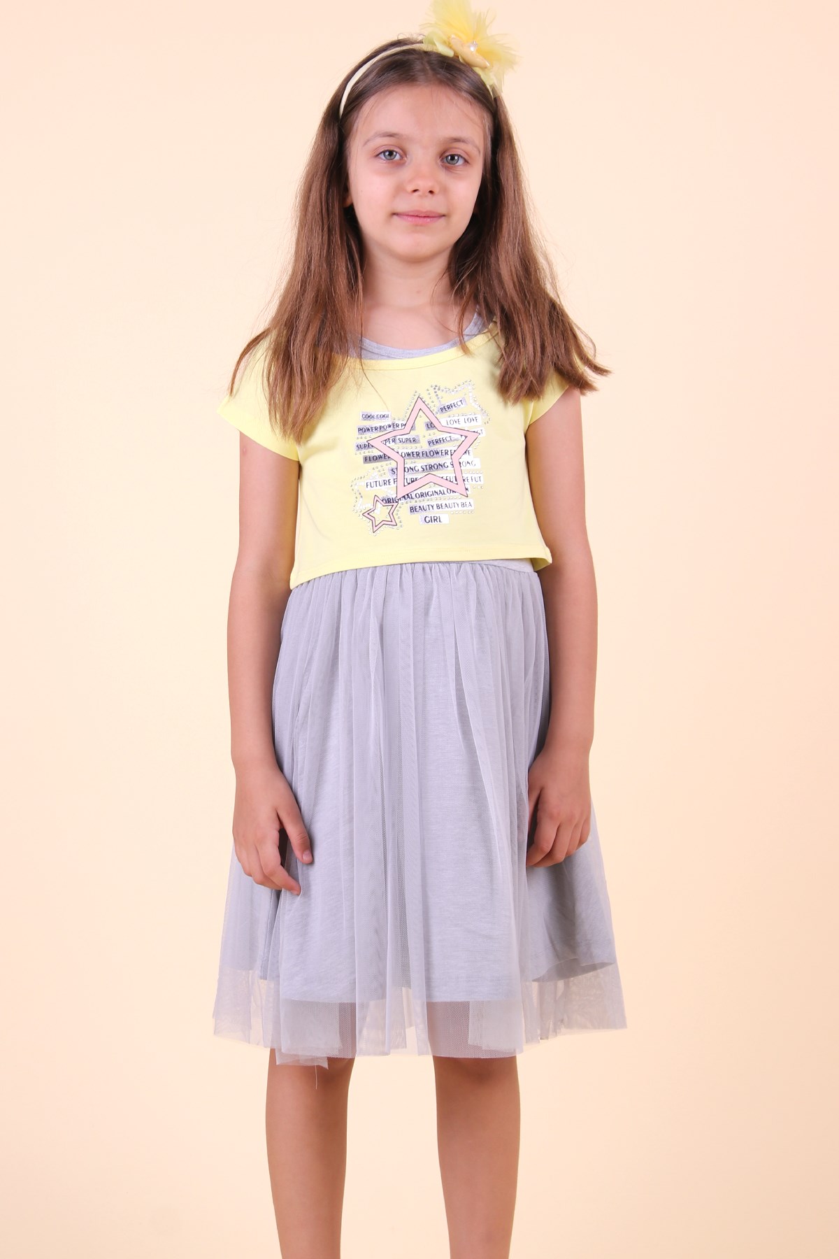 Verim Lao tam  Yıldız Baskı Bolerolu Sarı 6-12 Yaş - Kız Çocuk Elbisesi