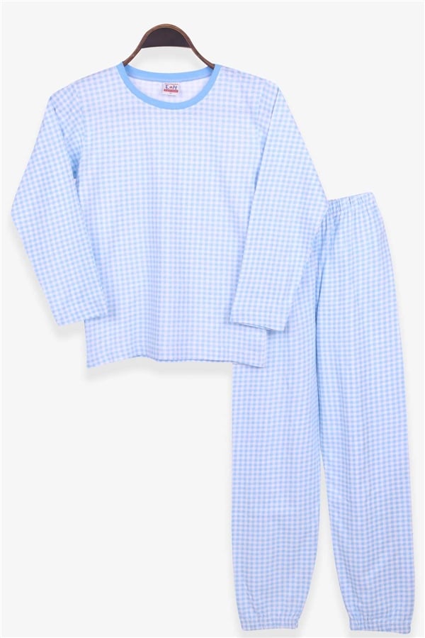 Breeze Erkek Çocuk Pijama Takımı Pötikare Desenli Bebe Mavisi (9-12 Yaş)