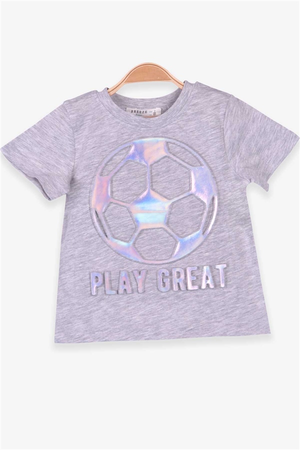 Breeze Erkek Çocuk Tişört Futbol Topu Kabartmalı Açık Gri Melanj (2-10 Yaş)
