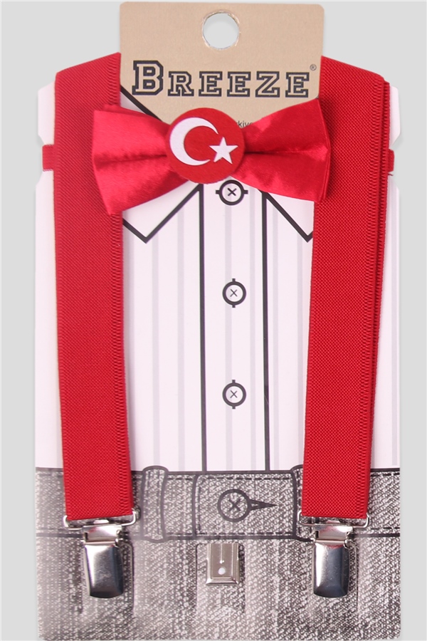 Breeze Erkek Çocuk Türk Bayraklı Papyonlu Pantolon Askısı Kırmızı (Standart)