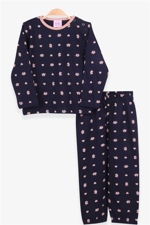 Breeze Kız Bebek Pijama Takımı Kalpli Kedicik Desenli Lacivert (9 Ay-3 Yaş)