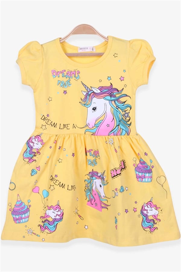 Breeze Kız Çocuk Elbise Unicorn Baskılı Sarı (5 Yaş)