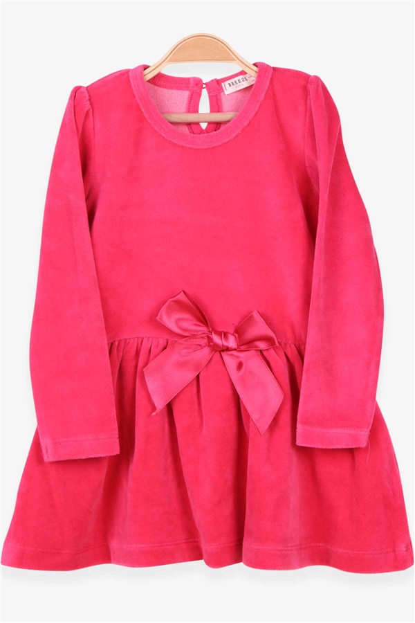 Breeze Kız Çocuk Kadife Elbise Fiyonk Desenli Pembe (3-8 Yaş)