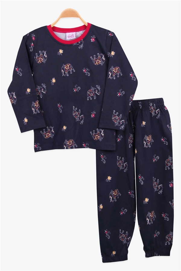 Breeze Kız Çocuk Pijama Takımı Fil Desenli Lacivert (4-8 Yaş)