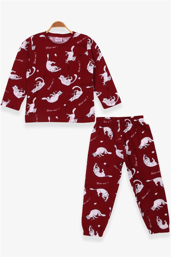 Breeze Kız Çocuk Pijama Takımı Kedicik Desenli Vişne Çürüğü (4-8 Yaş)