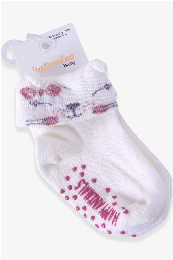 Katamino Kız Bebek Soket Çorap Abs li Hayvancık Desenli Ekru (6 Ay-3 Yaş)