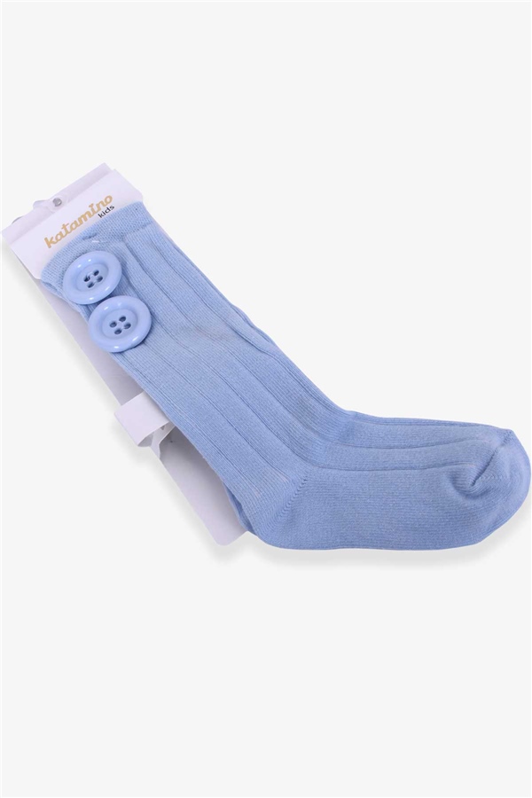 Katamino Kız Çocuk Dizaltı Golf Çorap Düğme Aksesuarlı Açık Mavi (1-2-7-8 Yaş)