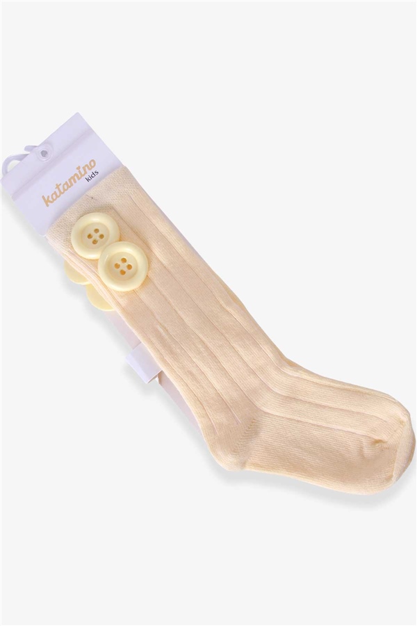 Katamino Kız Çocuk Dizaltı Golf Çorap Düğme Aksesuarlı Sarı (1-2-7-8 Yaş)