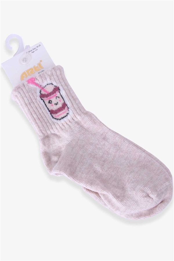 Katamino Kız Çocuk Soket Çorap İçecek Desenli Bej (3-4-9-10 Yaş)