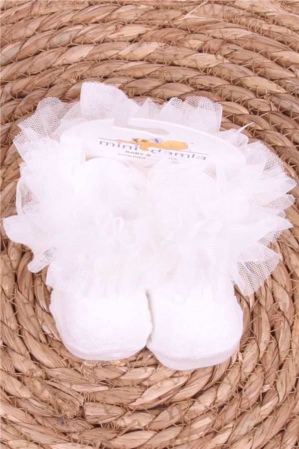 Mini Damla Kız Bebek Çorap Kokoş Tüllü Beyaz (0-3 Ay)
