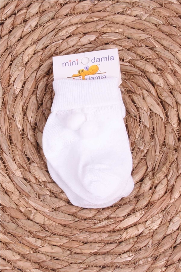 Mini Damla Kız Bebek Yenidoğan Çorap Ponponlu Beyaz (Standart)
