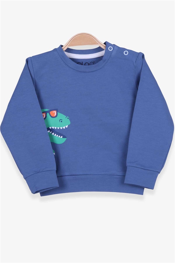 Pino Erkek Bebek Sweatshirt Dinozor Baskılı İndigo (4 Ay-1.5 Yaş)