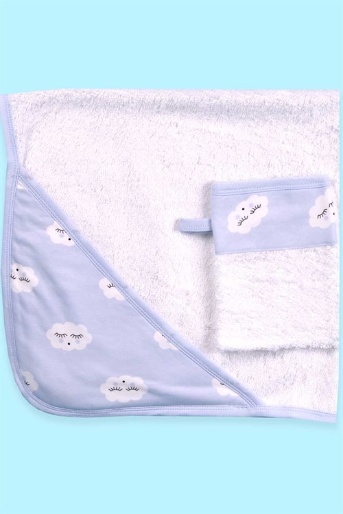 Breeze Erkek Bebek Banyo Havlusu Bulut Temalı Keseli 2 li Takım Beyaz