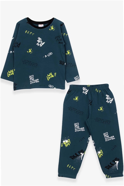 Breeze Erkek Çocuk Pijama Takımı Yazı Desenli Petrol Yeşili (4-8 Yaş)