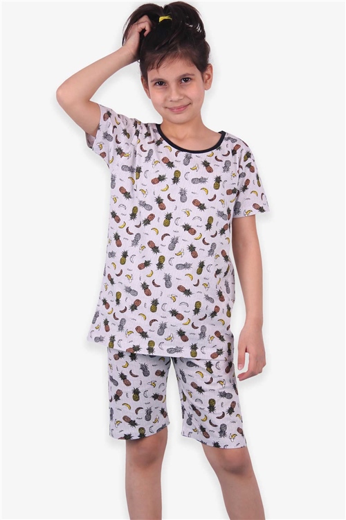 Breeze Erkek Çocuk Şortlu Pijama Takımı Tropik Meyve Temalı Açık Gri (9-12 Yaş)