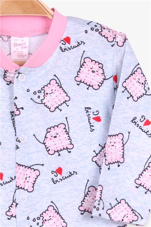 Breeze Kız Bebek Pijama Takımı Bisküvi Desenli Buz Mavisi (4 Ay-1 Yaş)