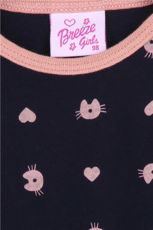 Breeze Kız Bebek Pijama Takımı Kalpli Kedicik Desenli Lacivert (9 Ay-3 Yaş)
