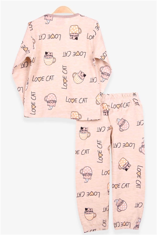 Breeze Kız Bebek Pijama Takımı Yaramaz Kedicik Desenli Bej Melanj (9 Ay-3 Yaş)