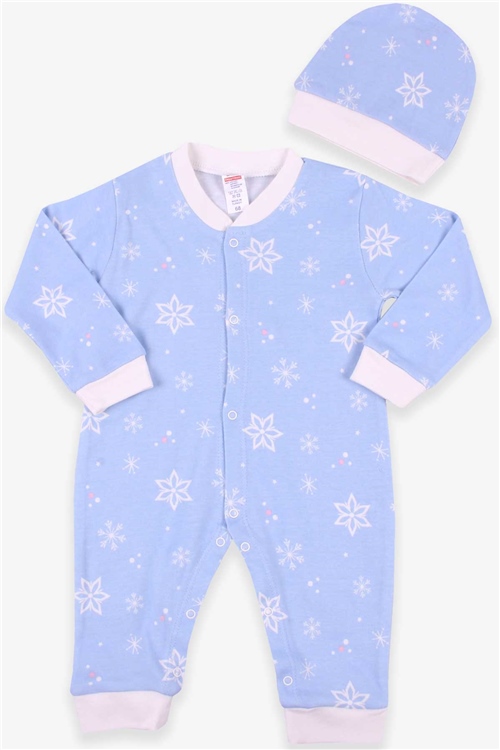Breeze Kız Bebek Tulum Kar Tanesi Desenli Şapkalı Set Bebe Mavisi (0-3-6 Ay)