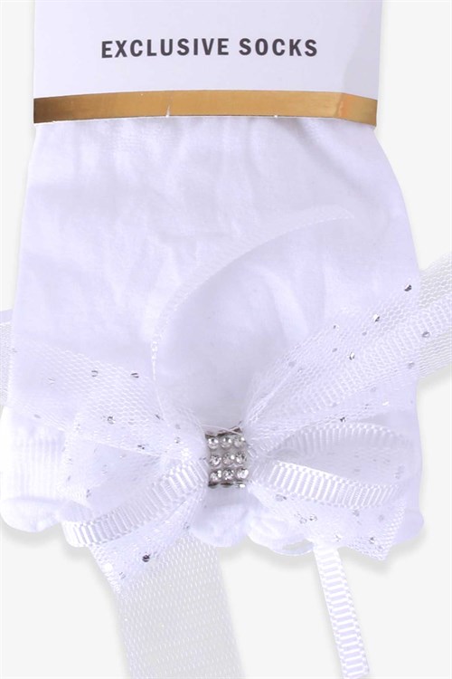 Breeze Kız Çocuk Dizaltı Tül Çorap Fiyonklu Taşlı Beyaz (5-6-11-12 Yaş)