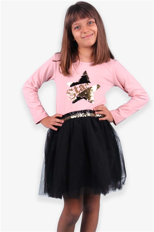 Breeze Kız Çocuk Elbise Pullu Yıldızlı Somon (6-12 Yaş)