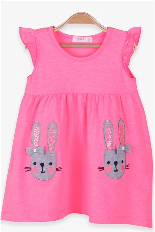 Breeze Kız Çocuk Elbise Tavşan Nakışlı Neon Pembe (1.5-5 Yaş)