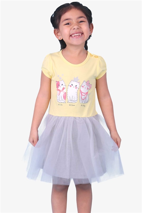 Breeze Kız Çocuk Elbise Tüllü Kedisi Simli Sarı (1-3 Yaş)