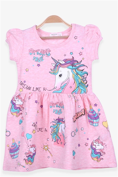 Breeze Kız Çocuk Elbise Unicorn Baskılı Somon Melanj (3-8 Yaş)