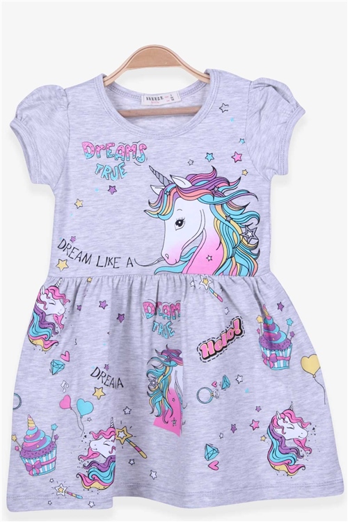 Breeze Kız Çocuk Elbise Unicorn Baskılı Gri Melanj (3-8 Yaş)