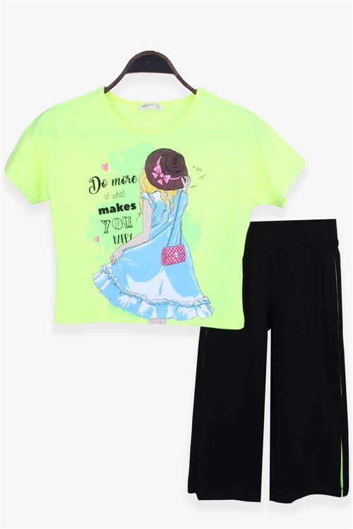 Breeze Kız Çocuk Kapri Pantolonlu Takım Baskılı Neon Yeşil (6-12 Yaş)