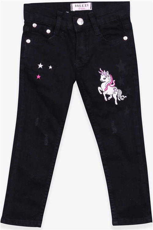 Breeze Kız Çocuk Kot Pantolon Nakışlı Unicorn Siyah (3-5 Yaş)