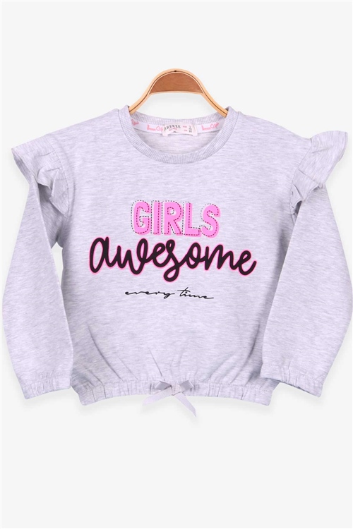 Breeze Kız Çocuk Sweatshirt Baskılı Fırfırlı Açık Gri Melanj (3-7 Yaş)