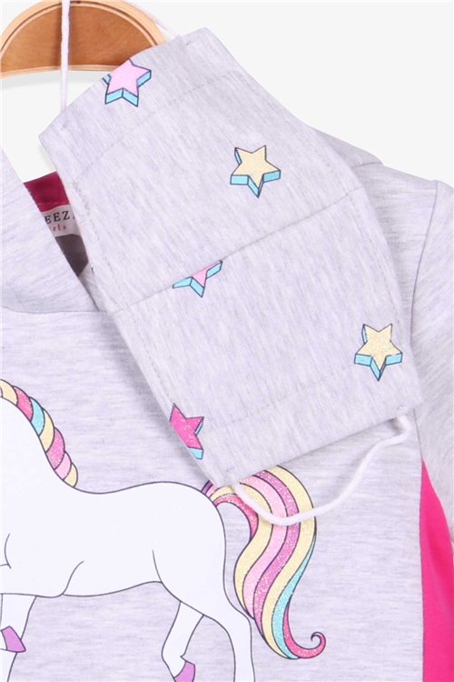 Breeze Kız Çocuk Sweatshirt Maskeli Unicorn Açık Gri Melanj (2-5 Yaş)