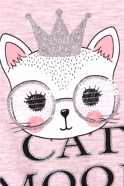 Breeze Kız Çocuk Uzun Kollu Elbise Gözlüklü Kedi Baskılı Bej (1.5-5 Yaş)