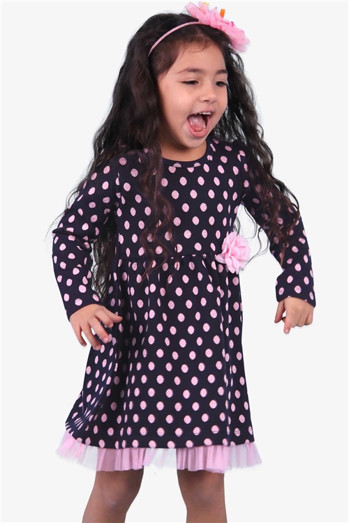 Breeze Kız Çocuk Uzun Kollu Elbise Puantiyeli Pembe Çiçekli Lacivert (3-7 Yaş)