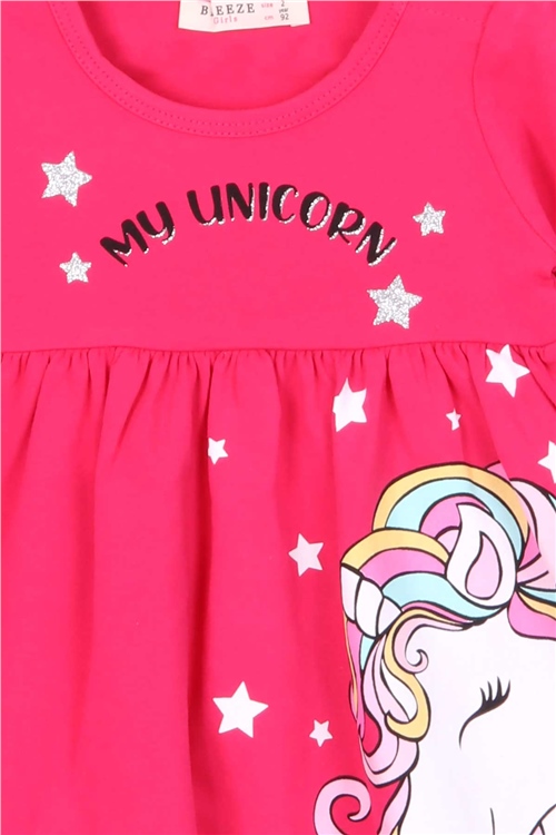 Breeze Kız Çocuk Uzun Kollu Elbise Unicorn Fuşya (2-6 Yaş)