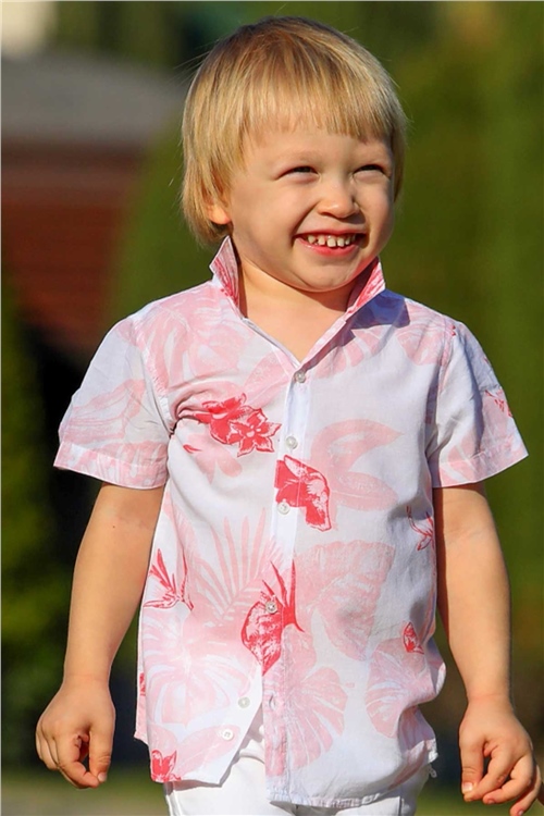 Escabel Erkek Çocuk Gömlek Yaprak Desenli Çiçekli Mercan (10-16 Yaş)
