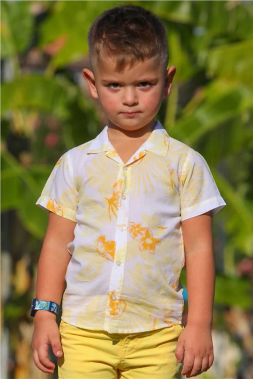 Escabel Erkek Çocuk Gömlek Yaprak Desenli Çiçekli Sarı (10-16 Yaş)