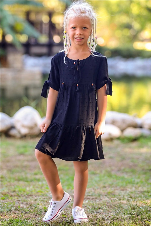 Escabel Kız Çocuk Elbise Bağcıklı Siyah (10-16 Yaş)