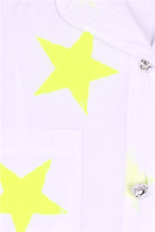 Escabel Kız Çocuk Gömlek Neon Sarı Yıldız Desenli Beyaz (10-16 Yaş)