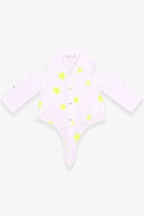 Escabel Kız Çocuk Gömlek Neon Sarı Yıldız Desenli Beyaz (10-16 Yaş)