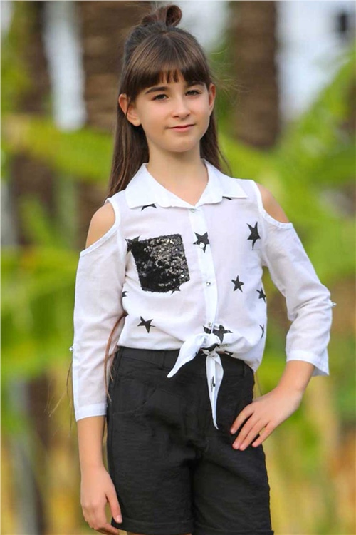 Escabel Kız Çocuk Gömlek Siyah Yıldız Desenli Beyaz (10-16 Yaş)
