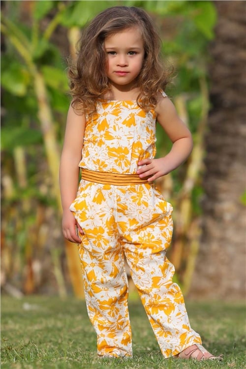 Escabel Kız Çocuk Tulum Çiçek Desenli Hardal Sarı (1-4 Yaş)