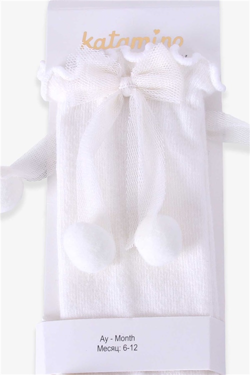 Katamino Kız Bebek Dizaltı Golf Çorap Fiyonklu Ponponlu Ekru (6 Ay-2 Yaş)