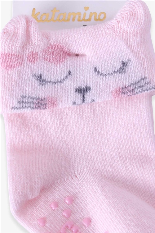 Katamino Kız Bebek Soket Çorap Abs li Hayvancık Desenli Pudra (6 Ay-3 Yaş)