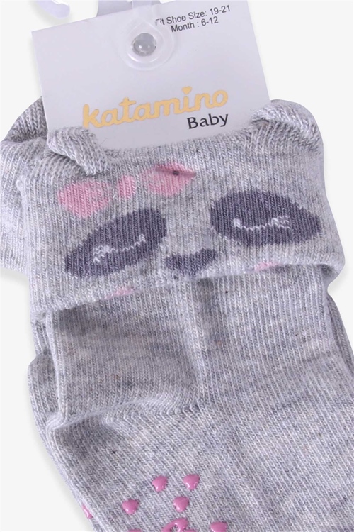 Katamino Kız Bebek Soket Çorap Abs li Hayvancık Desenli Gri (6 Ay-3 Yaş)