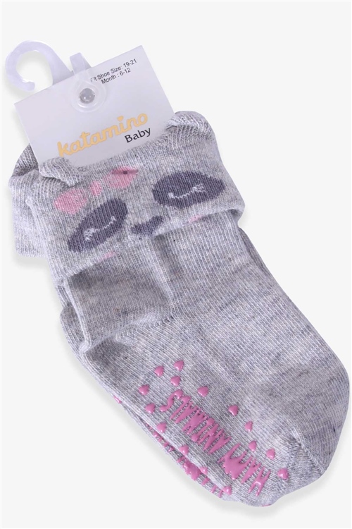 Katamino Kız Bebek Soket Çorap Abs li Hayvancık Desenli Gri (6 Ay-3 Yaş)