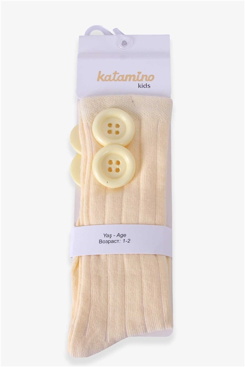 Katamino Kız Çocuk Dizaltı Golf Çorap Düğme Aksesuarlı Sarı (1-2-7-8 Yaş)