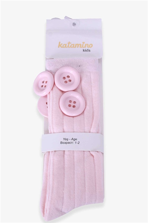 Katamino Kız Çocuk Dizaltı Golf Çorap Düğme Aksesuarlı Pudra (1-2-7-8 Yaş)
