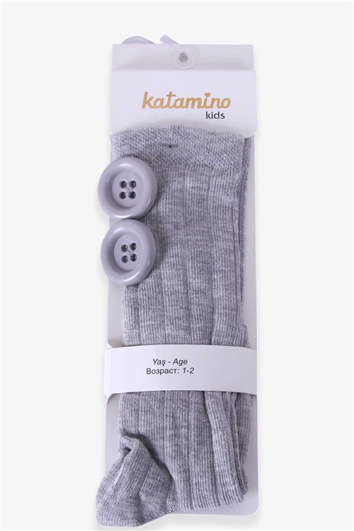 Katamino Kız Çocuk Dizaltı Golf Çorap Düğme Aksesuarlı Gri (1-2-7-8 Yaş)